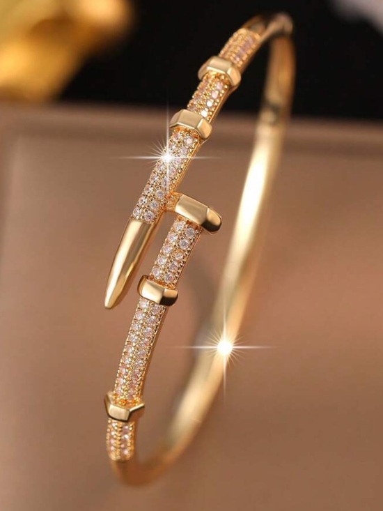 Jewelry - Yellow Gold Pave Nail-Style Bangle Bracelet new cubic zirconia new stack 1pc